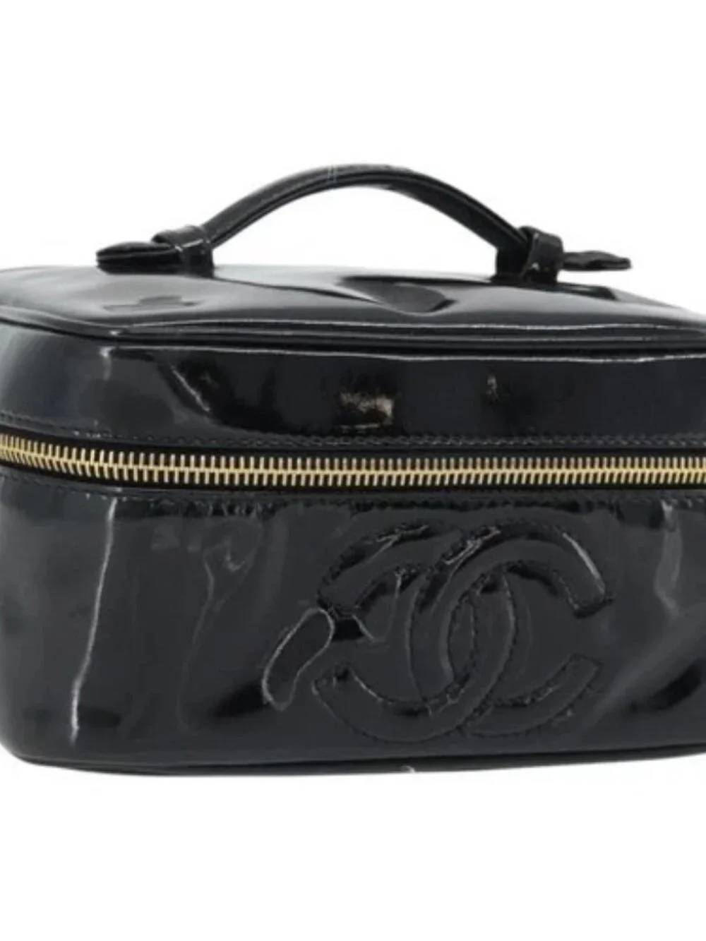 CHANEL COCO Mark Vanity Hand Bag Patent Leather Black Gold CC Auth 181704